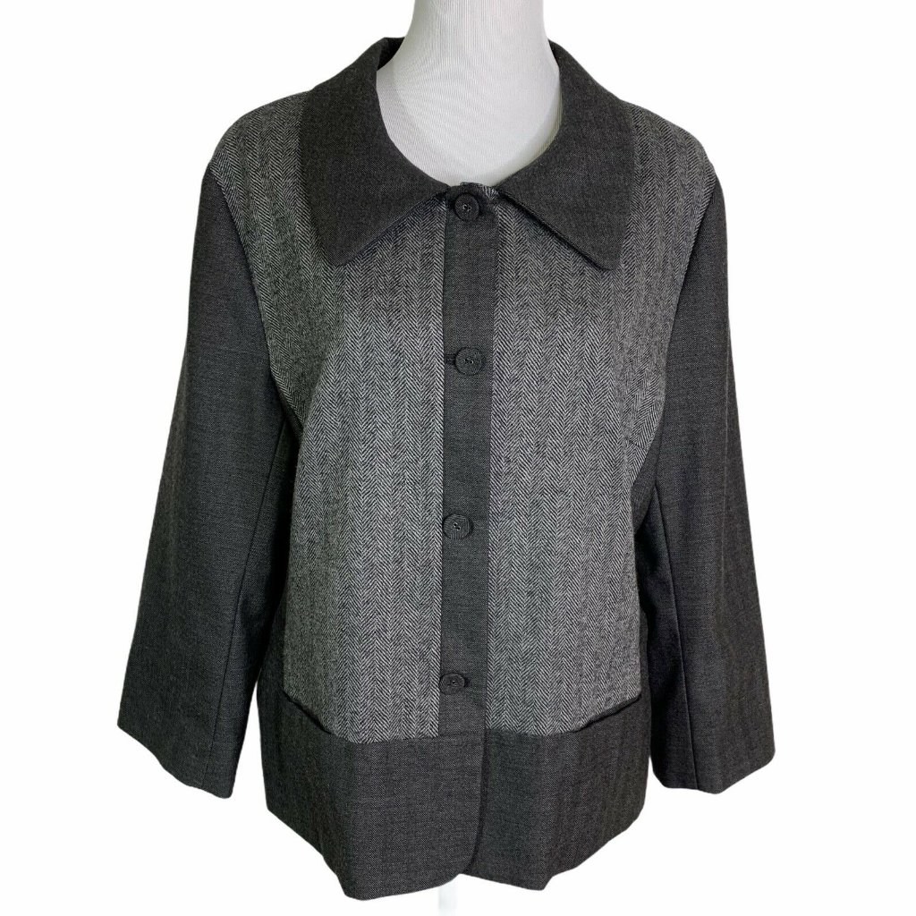 J. Jill Gray Herringbone Pockets Collared Jacket